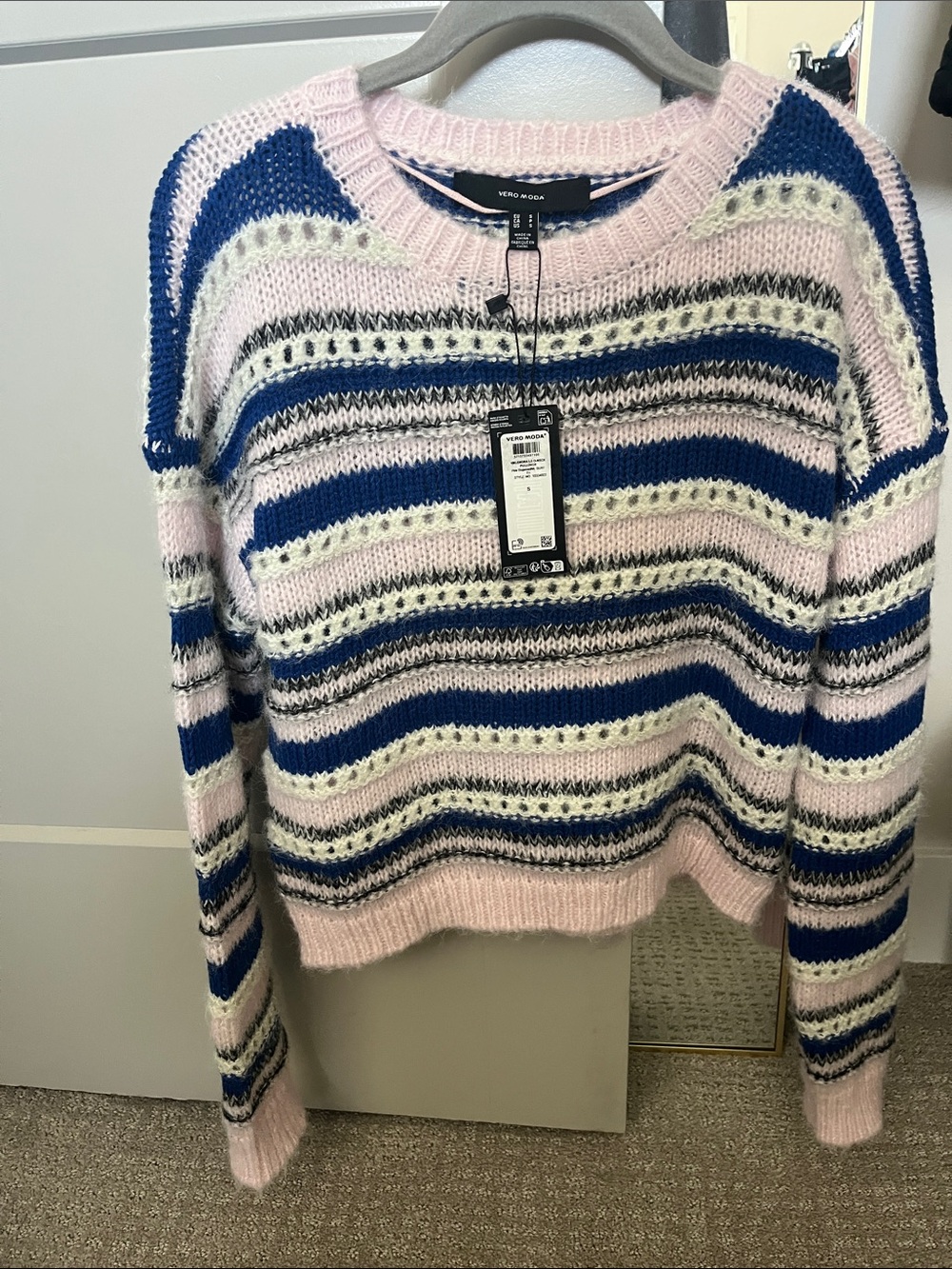 NWT Vero Moda Lenora stripe Pink, Blue & Cream Striped Knit Sweater S